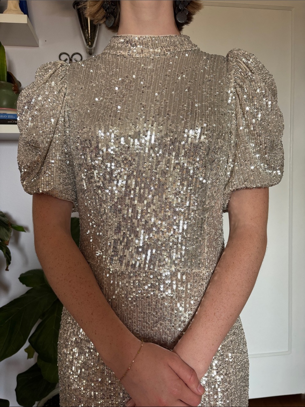 H&M Champagne Sequin Dress with Puff Sleeves